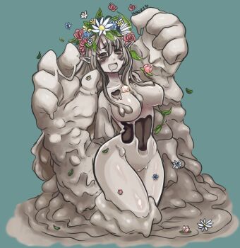 1girl :d absurdres blue_background breasts brown_eyes colored_skin commentary core dorome_(monster_girl_encyclopedia) drooling earth_elemental elemental_(creature) english_commentary female_focus flower gem grey_hair grey_skin hair_between_eyes head_wreath hhhori highres large_breasts large_hands legs_together long_hair looking_at_viewer monster_girl monster_girl_encyclopedia mud no_feet no_pupils nude open_mouth oversized_forearms oversized_limbs pointy_ears red_flower red_rose rose saliva simple_background slime_girl smile solo