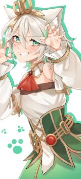 1girl absurdres animal_ears ascot cat_ears cecilia_immergreen cecilia_immergreen_(1st_costume) claw_pose commentary detached_collar detached_sleeves doll_joints dress green_dress green_eyes grey_hair grin highres hololive hololive_english joints mittsu paw_print smile strapless strapless_dress symbol-only_commentary virtual_youtuber