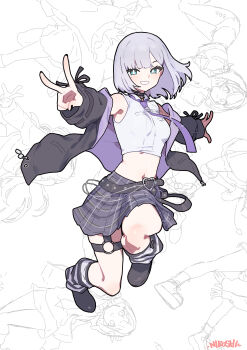 Rule 34 | 1girl, absurdres, artist name, belt, black belt, black choker, black jacket, black shoes, blush, choker, commentary request, full body, green eyes, grey hair, grey skirt, highres, jacket, kaga sumire, looking at viewer, medium hair, mole, mole under eye, navel, necktie, niboshidrip, open clothes, open jacket, purple necktie, shoes, skirt, sleeveless, socks, solo, striped clothes, striped socks, thigh strap, v, virtual youtuber, vspo!, white background