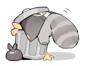 1boy banana_peel black_coat caelus_(honkai:_star_rail) chibi chibi_only chinese_commentary coat commentary_request from_behind honkai:_star_rail honkai_(series) kemonomimi_mode leonrui lowres male_focus raccoon_tail shadow simple_background solo tail trailblazer_(honkai:_star_rail) trash_bag trash_can white_background