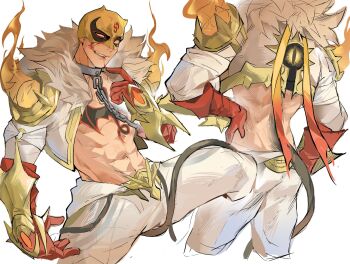 1boy abs armor blood blood_from_mouth blood_on_face chain chain_leash chest_tattoo chinese_commentary fur-trimmed_jacket fur_trim gloves grin highres iron_fist_(immortal_weapon_of_agomotto) iron_fist_(marvel) jacket leash lin_lie_(marvel) male_focus marvel marvel_rivals mask multiple_views muscular muscular_male navel official_alternate_costume pants pauldrons red_gloves shoulder_armor smile solo songtanshui02 spread_legs tail tattoo white_background white_jacket white_pants yellow_mask