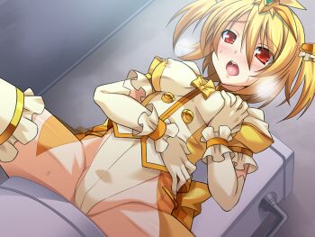 1girl amagi_nao aoi_masami arty_flare blonde_hair blush bow breasts breath covered_erect_nipples dutch_angle elbow_gloves frills game_cg genderswap genderswap_(mtf) gloves grabbing_own_breast hair_ornament hairband leotard magical_girl medium_breasts non-web_source official_art open_mouth puffy_sleeves red_eyes short_hair sitting solo spread_legs star_(symbol) sweat thighhighs toilet toilet_paper toilet_use ts_magical_girl_nao twintails variant_set white_gloves yellow_bow