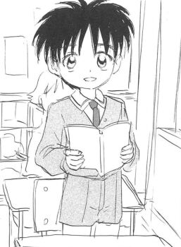 1boy artist_request child classroom dokkiri_doctor hongo_yukihiro jacket messy_hair necktie school_uniform shorts standing traditional_media