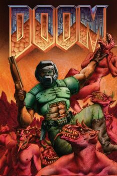 1boy armor baron_of_hell belt biceps black_belt black_gloves black_horns boots broken_armor brown_boots cacodemon closed_eyes colored_skin commentary copyright_name corrupted_twitter_file demon doom_(series) doom_i doomguy double-barreled_shotgun english_commentary esteban_sanchez gloves green_armor green_pants grey_helmet gun hell helmet highres holding holding_gun holding_weapon horns long_tongue looking_at_viewer male_focus muscular muscular_male neck_grab open_mouth pants pointy_ears red_skin saliva sharp_teeth shotgun teeth tongue trigger_discipline utility_belt v-shaped_eyebrows weapon white_horns