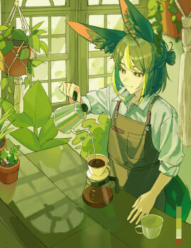 Rule 34 | 1boy, absurdres, alternate costume, animal ear fluff, animal ears, apron, asagihisui, barista, black hair, cafe, coffee, collared shirt, commentary request, cowboy shot, fox boy, fox ears, fox tail, genshin impact, green eyes, highres, indoors, male focus, multicolored hair, plant, ponytail, potted plant, shirt, smile, solo, streaked hair, tail, tighnari (genshin impact), white shirt