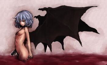 1girl blue_hair breasts demon_wings female_focus gradient_background nipples nude ofuro_mantarou red_eyes remilia_scarlet short_hair solo touhou wings