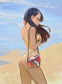1girl ass bikini black_hair breasts brown_eyes camera cloud cloudy_sky commentary_request desert from_behind gold_bikini ijiranaide_nagatoro-san long_hair looking_at_viewer nagatoro_hayase skindentation sky small_breasts solo standing swimsuit very_long_hair yugen99