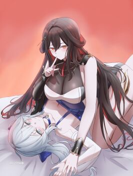 2girls aether_gazer black_hair black_sleeves blush breasts cleavage closed_mouth colored_inner_hair copyright_notice detached_sleeves grey_eyes grey_hair hair_between_eyes highres holding_another&#039;s_wrist large_breasts leonnapoli lingguang_(aether_gazer) long_hair multicolored_hair multiple_girls red_eyes red_hair see-through_cleavage see-through_clothes single_detached_sleeve tassel yuri zhiming_(aether_gazer)