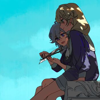 Rule 34 | 1boy, 1girl, aged down, ahoge, artist request, blonde hair, blue background, blue sky, chinese commentary, closed mouth, commission, couple, from side, grey hair, hair between eyes, hair over shoulder, hetero, highres, holding, holding toy, honkai (series), honkai impact 3rd, kallen kaslana, light blush, light smile, long hair, long sleeves, looking at object, looking down, low-tied long hair, open mouth, otto apocalypse, outdoors, paper airplane, parted lips, second-party source, shade, shorts, sitting, sky, smile, teeth, toy, tree shade, upper teeth only, wavy hair