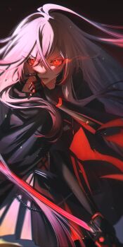1girl absurdres black_cape black_dress black_gauntlets blood_on_cheek cape crossed_bangs dress flaming_eye glowing glowing_eyes grey_hair hair_between_eyes highres holding holding_sword holding_weapon katana long_hair looking_at_viewer original shangtianrudi_xiaobailang solo sword weapon
