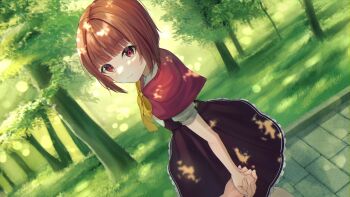 1girl absurdres akai_ringo_(ookami-san) black_dress blunt_bangs blurry blurry_background blush bob_cut bokeh bow bowtie capelet closed_mouth commentary_request commission dappled_sunlight day depth_of_field dress dutch_angle feet_out_of_frame from_side grass highres holding_hands looking_at_viewer looking_to_the_side ookami-san outdoors partial_commentary pavement pixiv_commission pov pov_hands raised_eyebrows red_capelet red_eyes red_hair running_bond sarin_(seoling) short_hair short_sleeves smile solo_focus standing sunlight tree turning_head walking yellow_bow yellow_bowtie