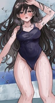 1girl armpits bathroom black_hair black_one-piece_swimsuit blush breasts collarbone flower from_above frown hair_flower hair_ornament hand_on_own_head highres indoors long_hair looking_at_viewer lying medium_breasts mole navel on_back one-piece_swimsuit open_mouth original purple_eyes saya_(mychristian2) shy solo sweat swimsuit tile_floor tiles water white_flower