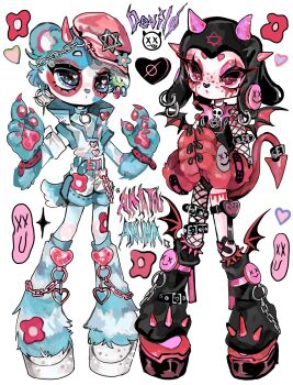 1boy 1girl 666 amatou_akuma animal_ear_hood animal_ears animal_hands arm_belt asymmetrical_clothes asymmetrical_legwear asymmetrical_pantyhose asymmetrical_sleeves badge bandaid bandaid_on_arm bandaid_on_clothes bat_wings bear_boy bear_ears bear_tail belt black_belt black_hood black_leotard black_shoes bleeding blood blood_on_leg blue_eyes blue_fur blue_trim bracelet buckle button_badge buttons chain character_name claws collar colored_shoe_soles demon_girl demon_horns demon_tail demon_wings dripping_mascara ear_piercing earrings english_text eyeshadow fake_animal_ears fishnet_pantyhose fishnet_sleeves fishnets flower flower_print freckles full_body fur_leg_warmers furry furry_female furry_male gloves hat hat_ornament heart heart_button heart_nose heart_ornament high_collar highres hood horns index_finger_raised jacket jewelry leg_warmers leg_wings leotard looking_at_another low_wings makeup mascara mini_wings mismatched_earrings multicolored_fur multicolored_shoes necklace newsboy_cap original pantyhose pentagram pentagram_earrings pentagram_print piercing pink_belt pink_buckle pink_flower pink_horns pink_straps platform_shoes platform_sneakers red_eyes red_eyeshadow red_makeup red_shoes shirt shoes short-sleeved_jacket short_hair short_sleeves shorts simple_background single_earring single_pantsleg single_sleeve skull skull_choker sleeveless sleeves_rolled_up slit_pupils sneakers sparkle spiked_legwear spiked_thigh_strap spikes standing symbol-shaped_pupils tail tail_belt tail_ornament tattoo thigh_belt thigh_strap tilted_headwear two-tone_fur undershirt white_background white_fur white_shirt white_shoes white_undershirt wings wrist_belt x_x