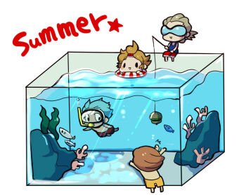 4boys blue_tank_top blush_stickers brown_hair burger chibi chibi_only coral domon_asuka dylan_keith english_text fish fish_tank fishing fishing_rod food goggles grey_hair hair_bobbles hair_ornament hitting holding holding_fishing_rod ichinose_kazuya inazuma_eleven_(series) innertube kotomaru_(kotokoto_kottan) male_focus male_swimwear mark_kruger mini_person miniboy multiple_boys no_nose red_male_swimwear red_swim_trunks rock sitting solid_oval_eyes sunglasses swim_goggles swim_ring tank_top triangle_mouth water white_background yellow_male_swimwear