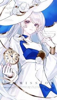 1girl absurdres blue_bow blue_eyes bow closed_mouth commission dress dress_bow flower hand_up hat hat_flower highres long_hair long_sleeves loobookk looking_at_viewer original pocket_watch rose solo upper_body watch watermark white_dress white_flower white_hair white_hat white_rose witch_hat