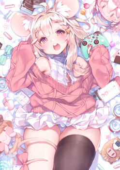 1girl ahoge animal_ear_fluff animal_ears bare_shoulders bed_sheet blush blush_stickers bow bra brown_hair brown_thighhighs cable_knit cameltoe can candy cellphone chocolate chocolate_bar commission computer_mouse controller drink_can fingernails food frills game_controller glint grey_bra hair_ornament handheld_game_console heart heart-shaped_pupils highres holding holding_controller holding_game_controller kanola_u light_brown_hair lollipop long_fingernails long_hair long_sleeves lying mouse_ears multicolored_eyes nintendo_switch on_back onigiri open_mouth original panties phone pink_bow pink_eyes pink_pupils pixiv_commission purple_eyes single_thighhigh sleeves_past_wrists soda_can solo sparkle striped_bow stuffed_animal stuffed_boar stuffed_toy symbol-shaped_pupils tail tail_bow tail_ornament teeth thigh_gap thighhighs tongue underwear upper_teeth_only v white_panties