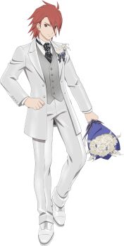 Rule 34 | 1boy, artist request, black necktie, bouquet, brown eyes, flower, formal clothes, full body, game cg, highres, holding, holding bouquet, kratos aurion, looking at viewer, medium hair, necktie, official alternate costume, official art, pants, red hair, rose, shoes, solo, standing, suit, tales of (series), tales of asteria, tales of symphonia, third-party source, transparent background, wedding, wedding suit, white flower, white pants, white rose, white shoes, white suit
