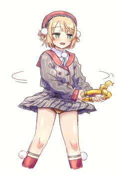 1girl beret blonde_hair blush exercising fuwa_uneuchi green_eyes hair_ornament hat highres indie_virtual_youtuber jitome looking_to_the_side open_mouth panties pantyshot pom_pom_(clothes) pom_pom_hair_ornament red_sailor_collar ring-con ring_fit_adventure sailor_collar shigure_ui_(vtuber) shigure_ui_(1st_costume)_(vtuber) shirt short_hair simple_background skirt solo underwear virtual_youtuber white_background wind wind_lift yellow_panties