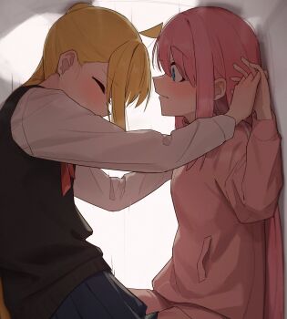 Rule 34 | 2girls, ahoge, black sweater, blonde hair, blue eyes, blue skirt, blush, bocchi the rock!, closed eyes, commentary request, covered mouth, gotoh hitori, highres, ijichi nijika, interlocked fingers, long hair, long sleeves, looking at another, multiple girls, pink hair, pink track suit, school uniform, seisyuntarotto, shimokitazawa high school uniform, shirt, skirt, sweater, track suit, wavy mouth, white shirt, yuri