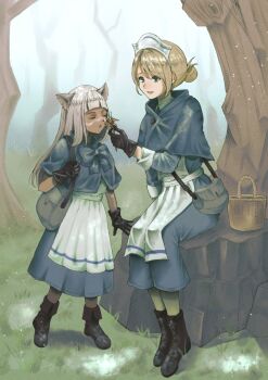 2girls animal_ear_fluff basket blonde_hair blue_capelet brown_gloves brown_shoes capelet castti_florenz closed_eyes commentary_request gloves hat highres multiple_girls nurse nurse_cap ochette_(octopath_traveler) octopath_traveler octopath_traveler_ii on_tree_stump osezatta outdoors shoes sitting standing