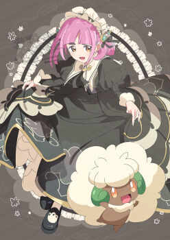 1girl arched_bangs black_dress brown_eyes dress gen_5_pokemon hair_ornament hairclip headdress highres juliet_sleeves lacey_(fall_2025)_(pokemon) lacey_(pokemon) long_sleeves looking_at_viewer maid maid_headdress nintendo official_alternate_costume open_mouth pink_hair pokemon pokemon_(creature) pokemon_masters_ex puffy_sleeves serizawa_serizane short_hair smile whimsicott white_headdress