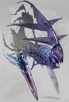 1other absurdres aircraft airship ceruledge dated flag glowing glowing_eyes grey_background highres huge_weapon nintendo no_humans pokemon pokemon_(creature) sail signature solo sukepmonster weapon