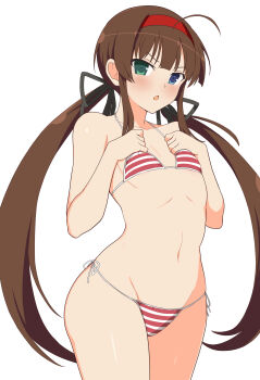Rule 34 | 1girl, :o, absurdres, bare arms, bikini, black ribbon, blue eyes, blunt bangs, blush, brown hair, commentary request, flat chest, green eyes, hair ribbon, hairband, heterochromia, highres, long hair, looking at viewer, manjou (q tiwj), navel, open mouth, red bikini, red hairband, ribbon, ryoubi (senran kagura), senran kagura, side-tie bikini bottom, sidelocks, simple background, solo, swimsuit, twintails, v-shaped eyebrows, very long hair, white background