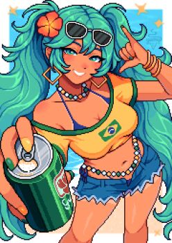 1girl aqua_eyes aqua_hair artist_name bracelet brazilian_flag brazilian_miku breasts cleavage collarbone commentary english_commentary eyewear_on_head flower grin hair_flower hair_ornament hatsune_miku highres jewelry large_breasts long_hair looking_at_viewer midriff navel pixel_art smile solo sunglasses tan tanline_peek twintails very_long_hair vocaloid yumykon