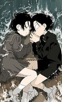 1boy 1girl beach black_hair closed_eyes commentary_request couple highres holding_hands looking_at_another lying on_side original short_hair sketch skirt takanashi_atashi water