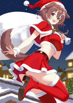 1girl alternate_costume animal_ears bone_hair_ornament boots braid breasts brown_eyes brown_hair commentary_request dog_ears dog_girl dog_tail fur-trimmed_boots fur-trimmed_headwear fur-trimmed_skirt fur-trimmed_tube_top fur_trim hair_ornament high_heel_boots high_heels highres holding holding_sack hololive inugami_korone looking_at_viewer medium_breasts medium_hair open_mouth red_boots red_skirt red_tube_top sack santa_costume skirt smile solo strapless tail taiyakisun thigh_boots tube_top twin_braids virtual_youtuber