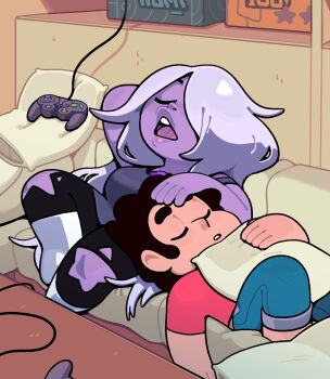 1boy 1girl amethyst_(steven_universe) breasts chest_jewel child closed_eyes colored_skin controller discount-supervillain game_controller gem hair_over_one_eye highres large_breasts long_hair open_mouth plump purple_gemstone purple_hair purple_lips purple_skin shortstack sleeping steven_quartz_universe steven_universe teeth thick_lips tongue upper_teeth_only