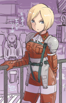 1girl artist_name blonde_hair blue_eyes breasts brown_gloves closed_mouth dated emir_klamsky front_mission gloves highres looking_at_viewer mecha medium_breasts military_uniform oyster_(artist) robot short_hair signature solo
