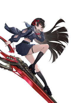1girl absurdres arm_cutout black_choker black_hair black_jacket black_skirt black_socks breasts chisa_(wuthering_waves) choker closed_mouth clothing_cutout commentary crop_top full_body hair_ribbon hand_up highres holding holding_sword holding_weapon jacket long_hair long_sleeves looking_at_viewer looking_to_the_side medium_breasts midriff neckerchief never_cry3418 red_eyes red_neckerchief red_ribbon ribbon sailor_collar simple_background skirt socks solo sword tacet_mark_(wuthering_waves) weapon white_background white_sailor_collar wind wuthering_waves