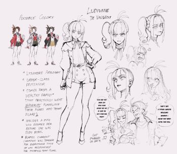 1boy 1girl alternate_hairstyle angry antenna_hair blood breasts commentary english_commentary english_text full_body gen_5_pokemon hair_down hand_on_own_hip highres jacket looking_at_viewer multiple_expressions nintendo nyantcha original pokemon pokemon_(creature) pokemon_legends:_z-a shirt side_ponytail sketch smile speech_bubble standing tepig urbain_(pokemon)