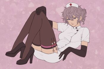 1girl arm_up black_shoes blue_eyes breasts commentary cross dress elbow_gloves english_commentary ensemble_stars! full_body genderswap genderswap_(mtf) gloves grey_hair gujidoka hair_bun hand_up hat high_heels highres holster legs looking_at_viewer lying nurse nurse_cap on_back pink_background red_cross see-through_clothes see-through_gloves sena_izumi_(ensemble_stars!) shoes short_dress small_breasts solo syringe syringe_holster thigh_holster thighhighs updo