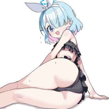1girl :d arm_support armpit_crease arona_(blue_archive) ass ass_focus bare_back bare_legs bare_shoulders bikini black_bikini black_bra black_panties blue_archive blue_eyes blue_hair blue_halo bow_hairband bra bright_pupils cameltoe colored_inner_hair facing_to_the_side flying_sweatdrops foreshortening frilled_bikini frilled_panties frills from_behind hair_between_eyes hair_over_eyes hair_over_one_eye hair_ribbon hairband halo hand_on_floor highres kneepits legs loli looking_at_viewer looking_back lying multicolored_hair neugneugsusu on_side open_mouth panties pink_hair ribbon short_hair simple_background smile solo sweat sweatdrop swimsuit thick_thighs thighs underwear white_background white_hairband white_ribbon