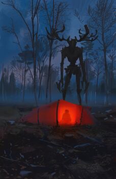 antlers creature cryptid fantasy forest highres horns nature night original scenery shadow sky snatti tent tree