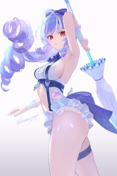 1girl arm_up ass bare_shoulders bow breasts clothing_cutout commentary_request cowboy_shot drill_hair gradient_background hair_bow highres holding holding_umbrella kumajyayo long_hair looking_at_viewer navel official_alternate_costume one-piece_swimsuit pointy_ears purple_hair purple_nails red_eyes sideboob simple_background solo stomach_cutout swimsuit thigh_strap twitter_username umbrella vivian_banshee vivian_banshee_(iris_of_the_shore) white_background zenless_zone_zero