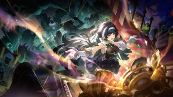 1boy 3girls absurdres arm_strap arm_up astra_yao astra_yao_(chandelier) bandana bandana_around_neck bangboo_(zenless_zone_zero) behind_another belle_(zenless_zone_zero) black_coat black_dress black_hair black_ribbon blonde_hair blue_eyes blue_hair bodystocking breasts coat coat_on_shoulders commentary_request dark_background dress earrings eous_(zenless_zone_zero) ethereal_(zenless_zone_zero) evelyn_chevalier gem glowstick grey_hair hair_between_eyes hair_ornament hairband half-closed_eyes highres instrument jewelry large_breasts letter_hair_ornament long_hair looking_at_another looking_at_viewer mask microphone mole mouth_mask multiple_girls necklace official_alternate_costume open_mouth orange_bandana outstretched_arms parted_lips pearl_(gemstone) pearl_necklace phonograph piano purple_eyes qian_fan_kui ribbon see-through_clothes short_hair sleeve_ribbon spread_arms sunglasses thread trombone uneven_bangs white_hairband wise_(zenless_zone_zero) zenless_zone_zero