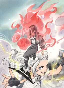 Rule 34 | 2girls, armor, aura, black background, black boots, black eyes, black gloves, black hair, black pants, black vest, blue background, boots, comic cover, commentary request, cover, cover page, earrings, electricity, electrokinesis, fingerless gloves, fire, floating, gloves, gradient background, grey background, grey eyes, ichiki hisako, ichiki hisako (ultimate x-men 2024), jewelry, lightning bolt earrings, lightning bolt symbol, long hair, long sleeves, looking at viewer, marvel, maystorm (marvel), multiple girls, official art, open mouth, orange background, pants, peach momoko, puffy long sleeves, puffy sleeves, red fire, sailor collar, sailor shirt, shirt, shirt tucked in, short hair, short sleeves, shoulder armor, sleeves rolled up, traditional media, ultimate x-men (2024), v-neck, vest, white background, white hair, white shirt, wind, x-men