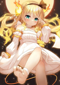 1girl aqua_eyes bare_legs bare_shoulders black_background blonde_hair blush bow breasts brown_bow check_commentary collarbone commentary commentary_request criss-cross_halter crossed_legs demon_girl demon_horns demon_tail eyebrows_hidden_by_hair fang feet fiery_horns fiery_tail fire floating_hair flower foot_focus foreshortening from_below fur_choker fur_trim glowing glowing_horns gochuumon_wa_usagi_desu_ka? gradient_hair hairstyle_request halterneck hand_on_own_cheek hand_on_own_face highres horn_ornament horns kirima_syaro long_hair looking_at_viewer looking_down moon multicolored_hair no_legwear orange_hair orange_horns pink_hair seven_deadly_sins simple_background sitting slippers small_breasts solo sparkle tail taku_michi twintails wavy_hair white_bow white_slippers yellow_horns yellow_tail yellow_theme