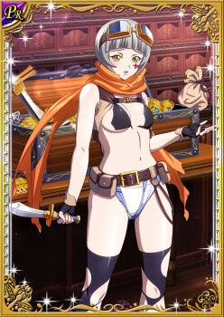 1girl alternate_costume blush bob_cut bra breasts card_(medium) cleavage curvy denim denim_shorts embarrassed facial_tattoo female_focus fingerless_gloves gloves grey_hair holding holding_sword holding_weapon ikkitousen indoors koshaji looking_at_viewer navel official_alternate_costume official_art panties ryona scarf shiny_skin short_hair short_shorts shorts simple_background solo standing sword tattoo thighhighs torn_bra torn_clothes torn_shorts underwear weapon white_panties wide_hips yellow_eyes