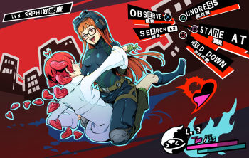 2girls ahoge blush bodysuit dress english_text gameplay_mechanics glasses goggles goggles_on_head health_bar highres multiple_girls oracle_(persona_5) persona persona_5 persona_5_scramble:_the_phantom_strikers puchu_huang sakura_futaba sophia_(p5s) twintails white_dress yuri