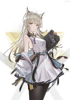 1girl absurdres animal_ears arknights arknights:_endfield bare_shoulders bird_ears bird_girl black_gloves black_pantyhose blue_eyes coat commentary_request dress gloves grey_hair highres holding long_hair looking_at_viewer meihina multicolored_gloves off_shoulder open_clothes open_coat pantyhose perlica_(arknights) sleeveless sleeveless_dress solo standing two-tone_gloves white_background white_coat white_dress yellow_gloves