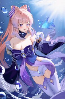 1girl bare_shoulders blue_eyes blue_hair blue_horns blunt_bangs blush bow bow-shaped_hair breasts bubble choker cleavage colored_tips detached_sleeves fish frilled_sleeves frills genshin_impact gloves gradient_hair hair_ornament half_gloves highres horns lace-trimmed_choker lace_trim long_hair looking_at_viewer medium_breasts multicolored_hair navel pink_hair purple_eyes sangonomiya_kokomi shaluna shorts smile solo thighhighs underwater white_gloves white_shorts white_thighhighs