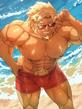 1boy abs absurdres adjusting_eyewear arm_up armpit_hair bara beach beard blonde_hair blue_eyes bulge commentary facial_hair feet_out_of_frame grin guilty_gear hashtag-only_commentary highres leo_whitefang male_focus male_swimwear muscular muscular_male nipples ocean pectorals red_male_swimwear remonpiero shiny_skin short_hair smile solo standing sunglasses thighs water