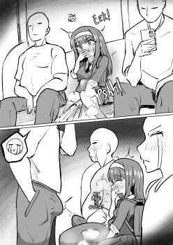 1girl 3boys backpack bag blush bulge cellphone closed_eyes covering_own_mouth crying erection erection_under_clothes female_ejaculation hairband loli long_hair monochrome multiple_boys necktie original phone randoseru school_uniform sitting smartphone train_interior winchesterizy