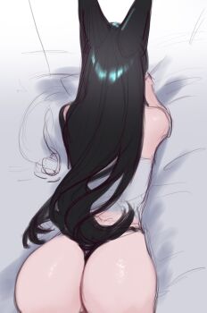 1girl animal_ears ass black_hair character_request check_character commentary fox_ears fox_girl from_above from_behind highres hoshimi_miyabi long_hair ringeko-chan shirt sketch solo white_shirt zenless_zone_zero