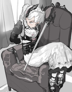 1girl absurdres ambience_synesthesia arknights arms_behind_back artist_name black_shoes black_sleeves bound couch cross cross_earrings cuffs dress earrings frills full_body grey_eyes gun hair_behind_ear handgun highres irene_(arknights) irene_(voyage_of_feathers)_(arknights) jewelry latin_cross long_dress long_hair long_sleeves looking_at_viewer maid mary_janes official_alternate_costume on_couch paid_reward_available pantyhose shackles shoes sitting sketch solo sweatdrop sword tied_up_(nonsexual) weapon whate=3r white_dress white_hair white_pantyhose