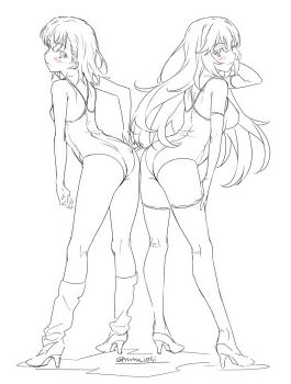 2girls ass blush boots breasts closed_mouth floating_hair frown full_body greyscale hair_between_eyes hand_in_own_hair high_heel_boots high_heels isshi_pyuma kneehighs leaning_forward long_hair looking_at_viewer looking_back medium_breasts medium_hair misaka_mikoto monochrome multiple_girls pump school_uniform shokuhou_misaki shoulder_blades simple_background sketch small_breasts socks standing swimsuit thighhighs toaru_majutsu_no_index twitter_username very_long_hair white_background